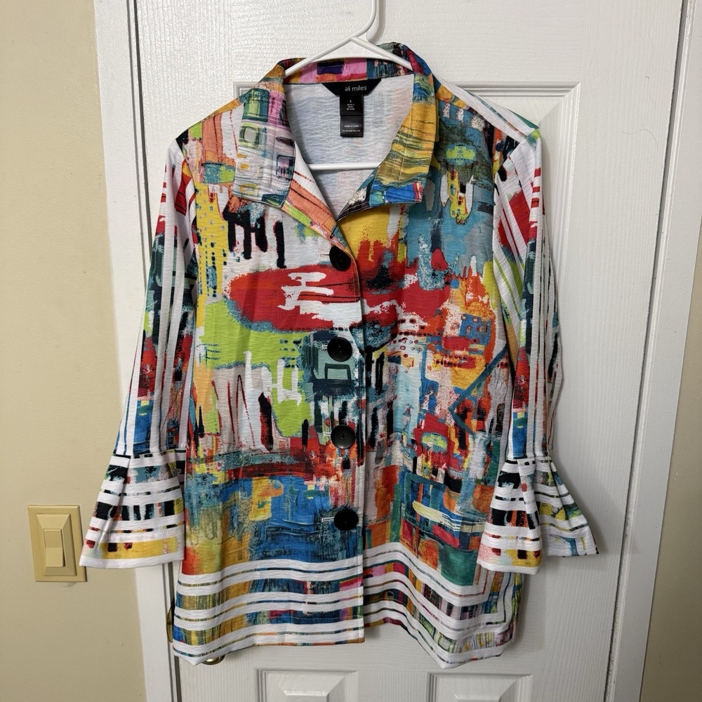 Ali Miles Women's Small White Multi Color Abstract Print Large Button Jacket